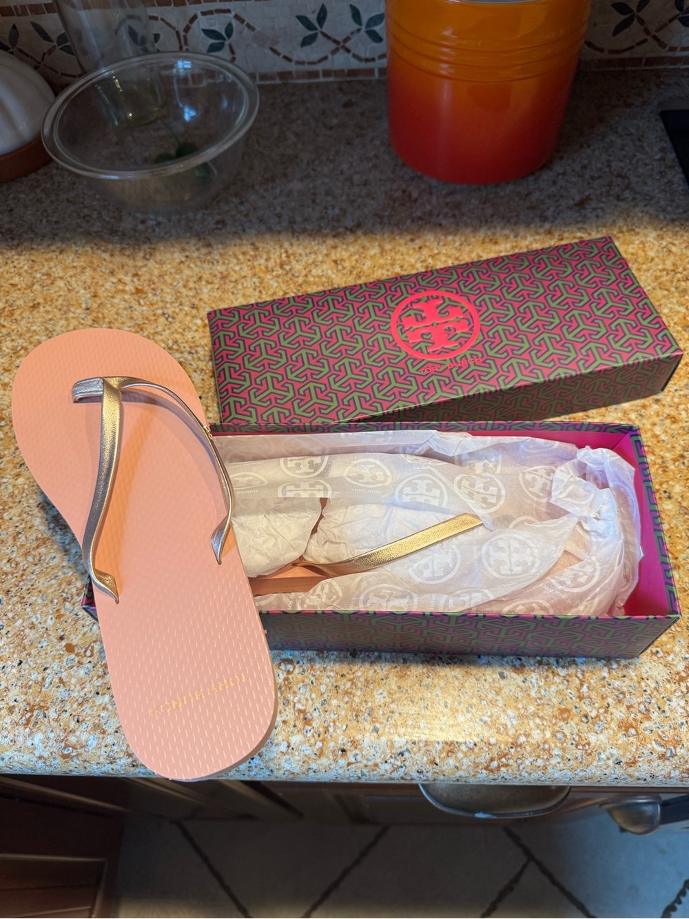 Tory Burch Pink Flip Flop Sandals with Gold Straps Size 9